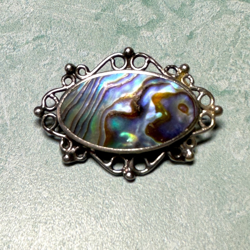 1940s Mexican Sterling Silver Signed Abalone Shell Brooch or Pendant